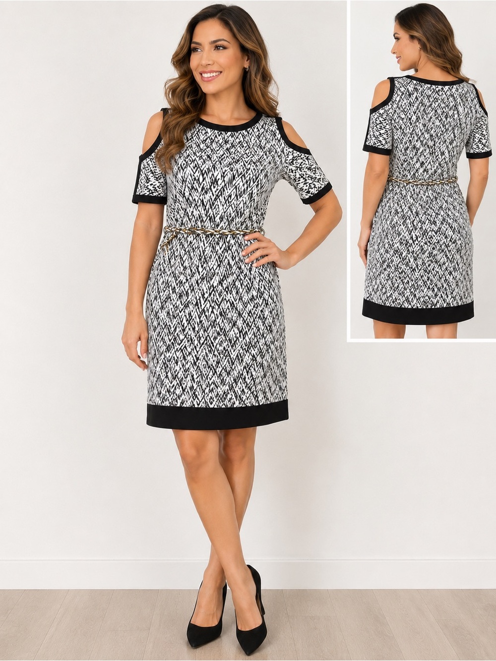 Thalia Sodi Black & White Abstract Print Dress w/ Braided Belt | Medium